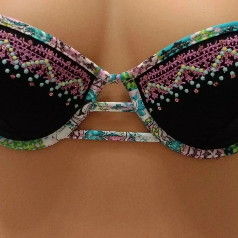 Victoria's Secret Bali Black and Multicolor Embroidered Bikini Top